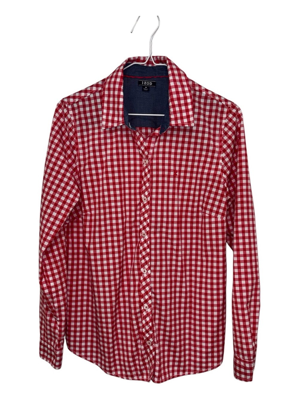 Izod Red & White Gingham Button-Up Shirt with Embroidered Logo and Blue Accents